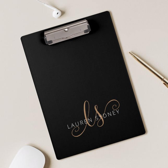 Modern Black Gold Feminine Script Monogrammed Clipboard (Creator Uploaded)