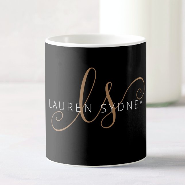 Modern Black Gold Feminine Script Monogrammed  Coffee Mug (Creator Uploaded)