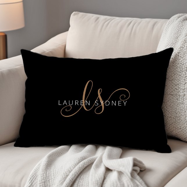 Modern Black Gold Feminine Script Monogrammed Decorative Cushion (Creator Uploaded)