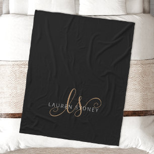 Modern Black Gold Feminine Script Monogrammed Fleece Blanket