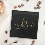 Modern Black Gold Feminine Script Monogrammed Glass Coaster<br><div class="desc">Modern Black Gold Feminine Script Monogrammed glass coaster. Easily personalise this modern elegant glass coaster with your custom monogram and name.</div>