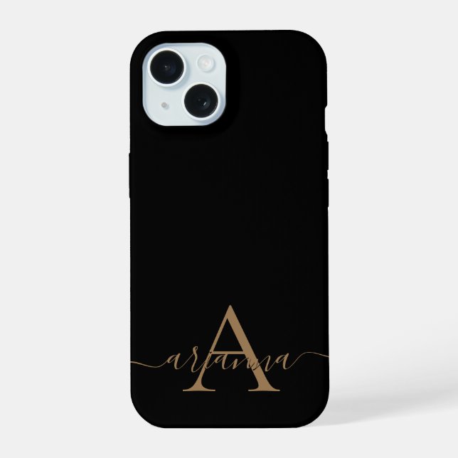 Modern Black Gold Feminine Script Monogrammed iPhone 15 Case (Back)
