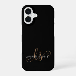 Modern Black Gold Feminine Script Monogrammed iPhone 16 Case