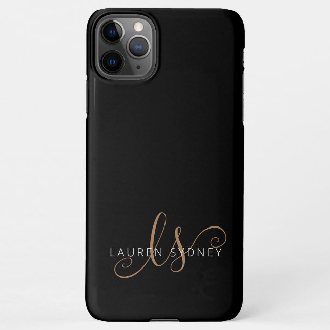 Modern Black Gold Feminine Script Monogrammed iPhone Case (Back)
