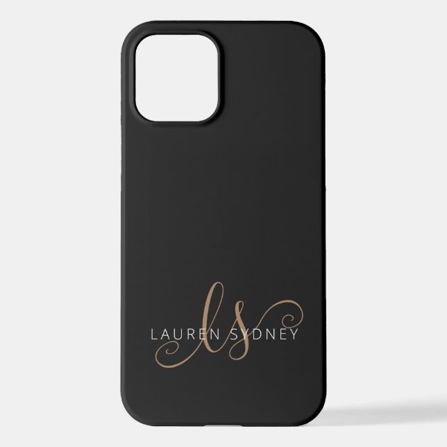 Modern Black Gold Feminine Script Monogrammed  iPhone Case (Back)