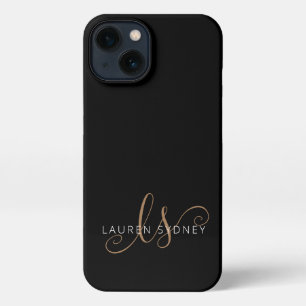 Modern Black Gold Feminine Script Monogrammed iPhone 13 Case