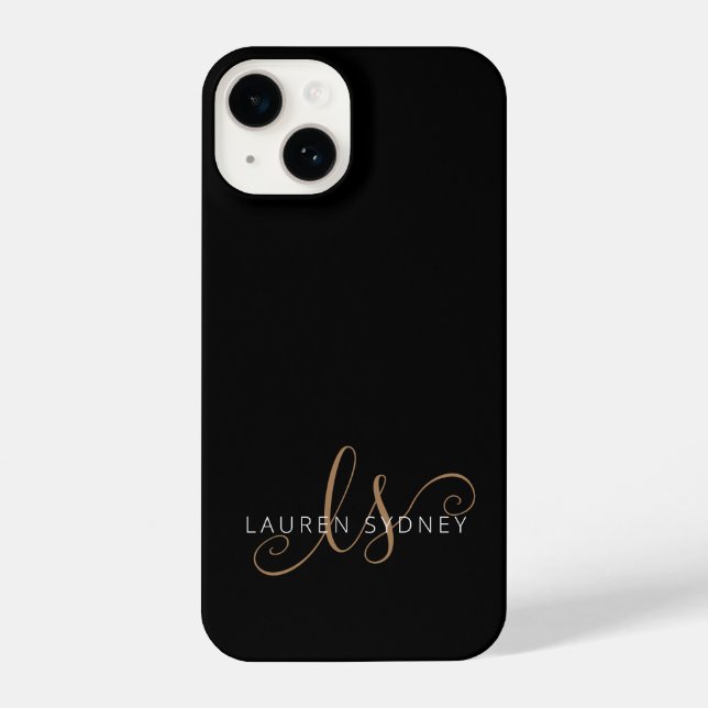 Modern Black Gold Feminine Script Monogrammed iPhone Case (Back)