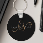 Modern Black Gold Feminine Script Monogrammed Key Ring<br><div class="desc">Modern Black Gold Feminine Script Monogrammed Keychain. Easily personalise this modern elegant keychain with your custom monogram and name.</div>