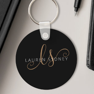 Modern Black Gold Feminine Script Monogrammed Key Ring