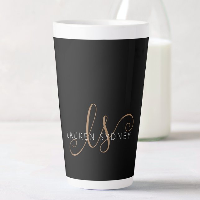 Modern Black Gold Feminine Script Monogrammed Latte Mug (Creator Uploaded)