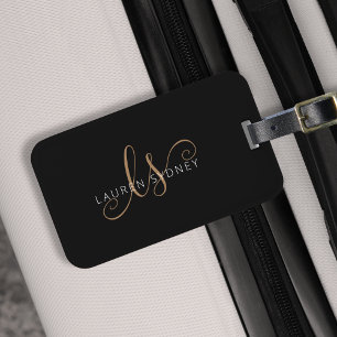 Modern Black Gold Feminine Script Monogrammed Luggage Tag