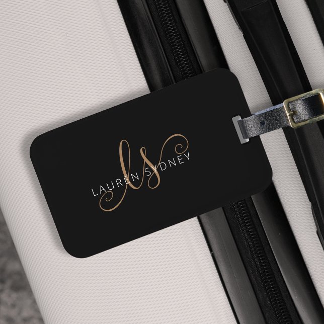 Modern Black Gold Feminine Script Monogrammed Luggage Tag (Creator Uploaded)