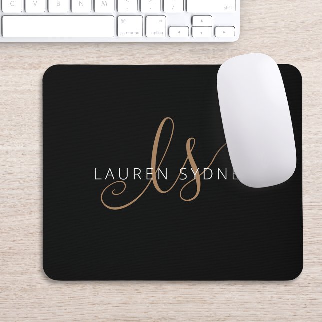 Modern Black Gold Feminine Script Monogrammed Mouse Mat (Creator Uploaded)