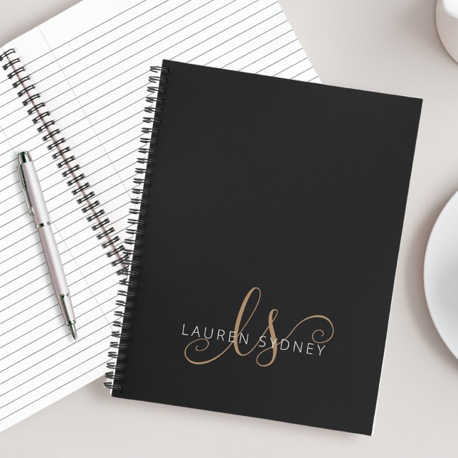 Modern Black Gold Feminine Script Monogrammed Notebook (Creator Uploaded)