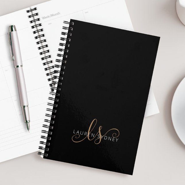 Modern Black Gold Feminine Script Monogrammed Planner (Creator Uploaded)