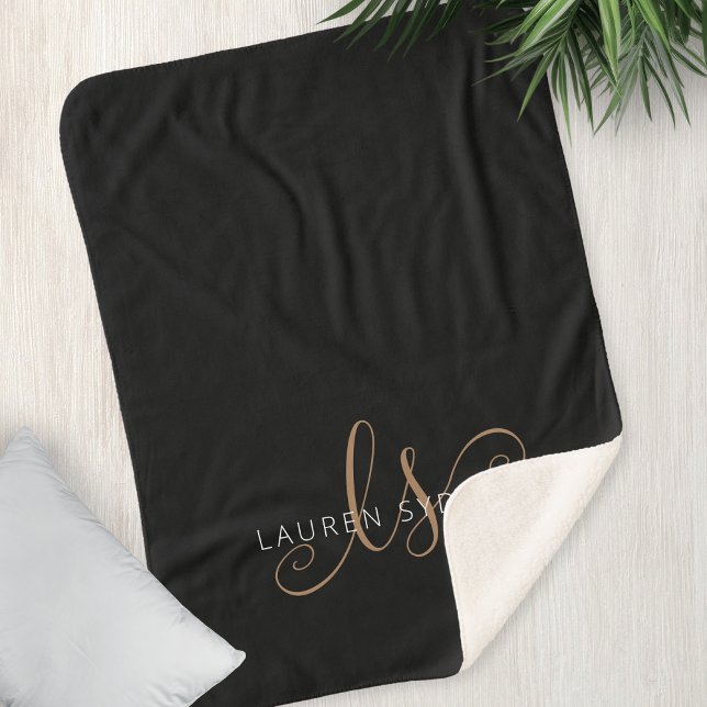 Modern Black Gold Feminine Script Monogrammed Sherpa Blanket (Creator Uploaded)