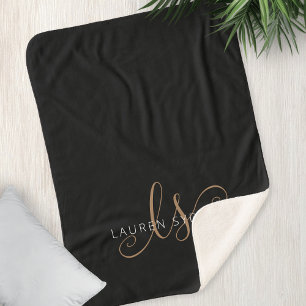 Modern Black Gold Feminine Script Monogrammed Sherpa Blanket