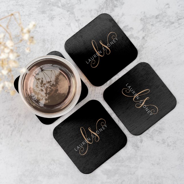 Modern Black Gold Feminine Script Monogrammed Square Paper Coaster (Creator Uploaded)