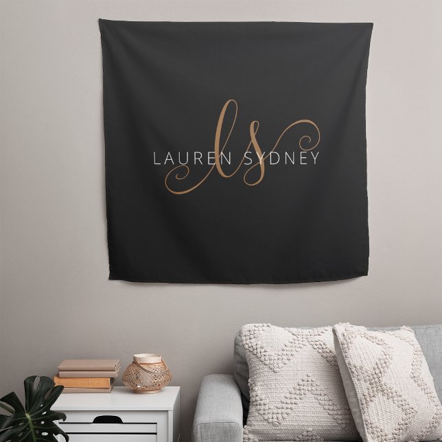 Modern Black Gold Feminine Script Monogrammed Tapestry (Creator Uploaded)