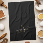 Modern Black Gold Feminine Script Monogrammed Tea Towel<br><div class="desc">Modern Black Gold Feminine Script Monogrammed kitchen towel. Easily personalise this modern elegant kitchen towel with your custom monogram and name.</div>