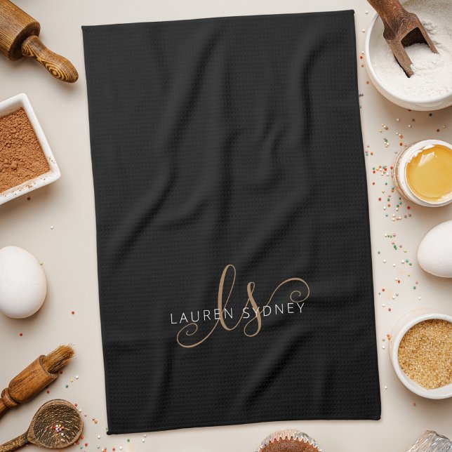 Modern Black Gold Feminine Script Monogrammed Tea Towel (Creator Uploaded)