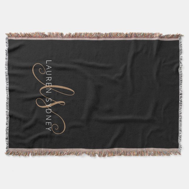 Modern Black Gold Feminine Script Monogrammed Throw Blanket (Front)