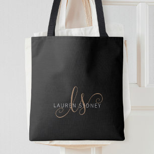 Modern Black Gold Feminine Script Monogrammed Tote Bag