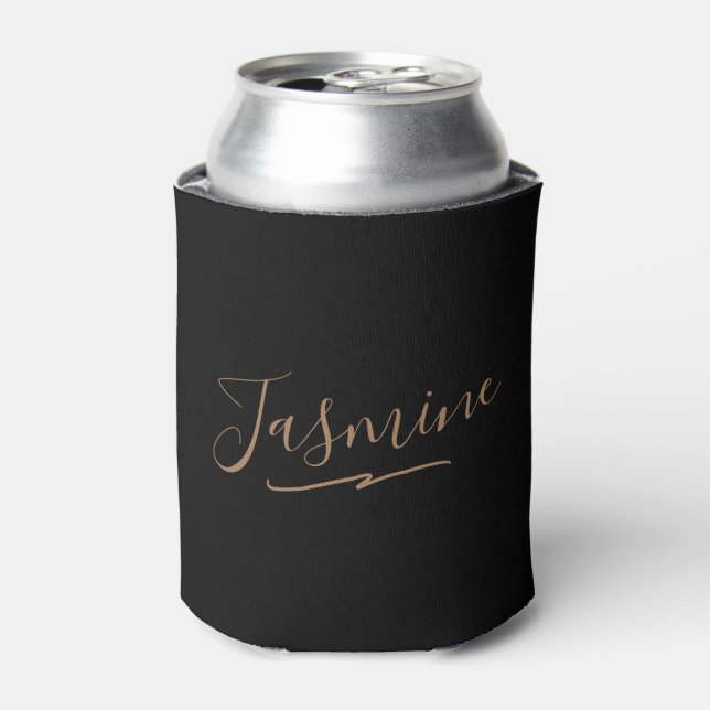 Modern Black Gold Feminine Script Name Can Cooler (Can Front)