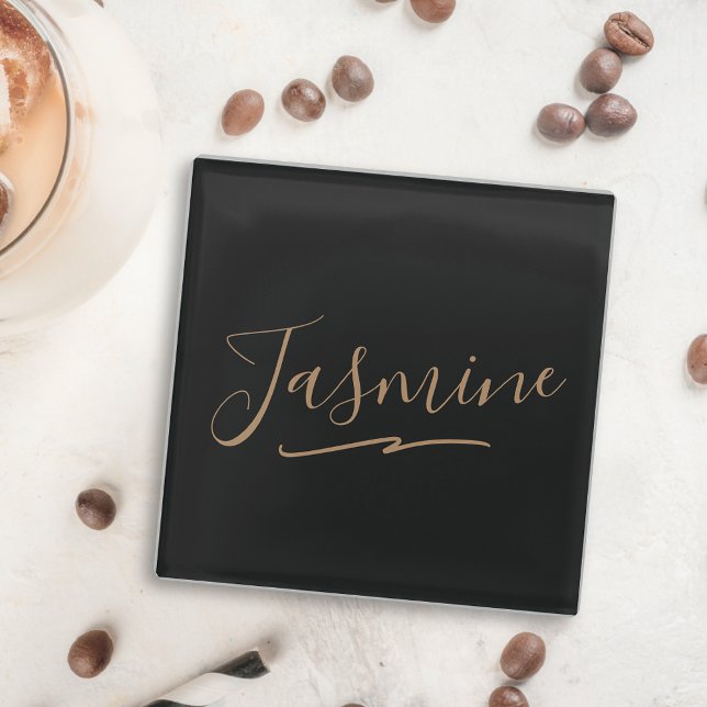 Modern Black Gold Feminine Script Name Glass Coaster (Creator Uploaded)