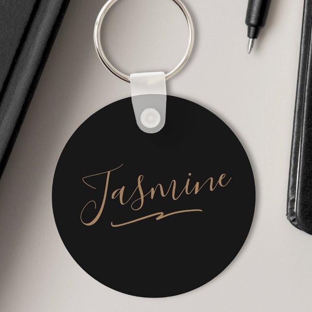 Modern Black Gold Feminine Script Name Key Ring (Creator Uploaded)