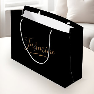 Modern Black Gold Feminine Script Name Large Gift Bag