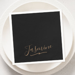 Modern Black Gold Feminine Script Name Napkin