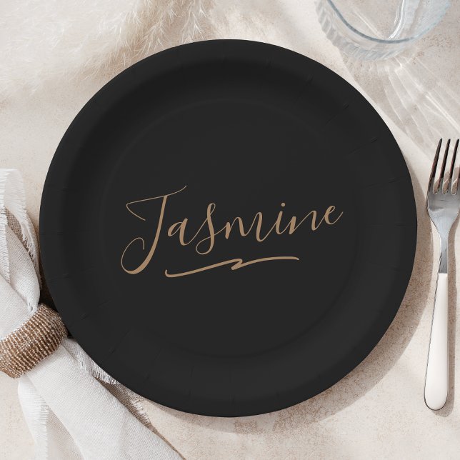 Modern Black Gold Feminine Script Name Paper Plate (Creator Uploaded)