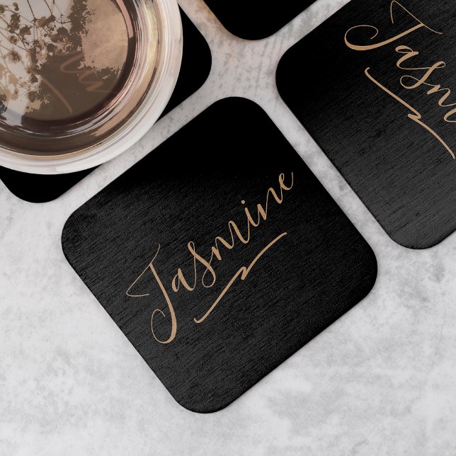Modern Black Gold Feminine Script Name Square Paper Coaster (Creator Uploaded)