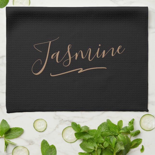 Modern Black Gold Feminine Script Name Tea Towel (Folded)