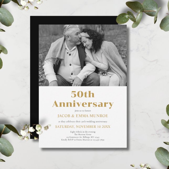 Modern Black Gold Fiftieth Anniversary Photo  Invitation (Creator Uploaded)