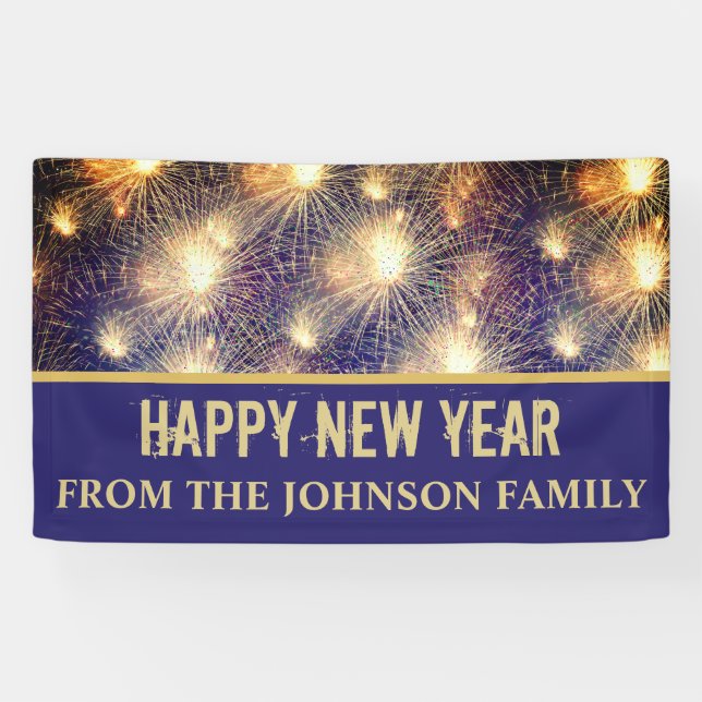 Modern Black & Gold Fireworks New Years Eve Party Banner (Horizontal)