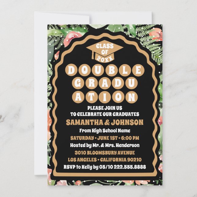 Modern Black Gold Floral Arch Double Graduation  Invitation (Front)