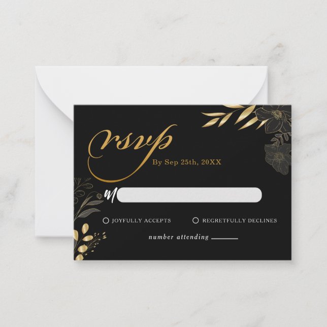Modern Black Gold Floral Elegant Wedding RSVP Card (Front)