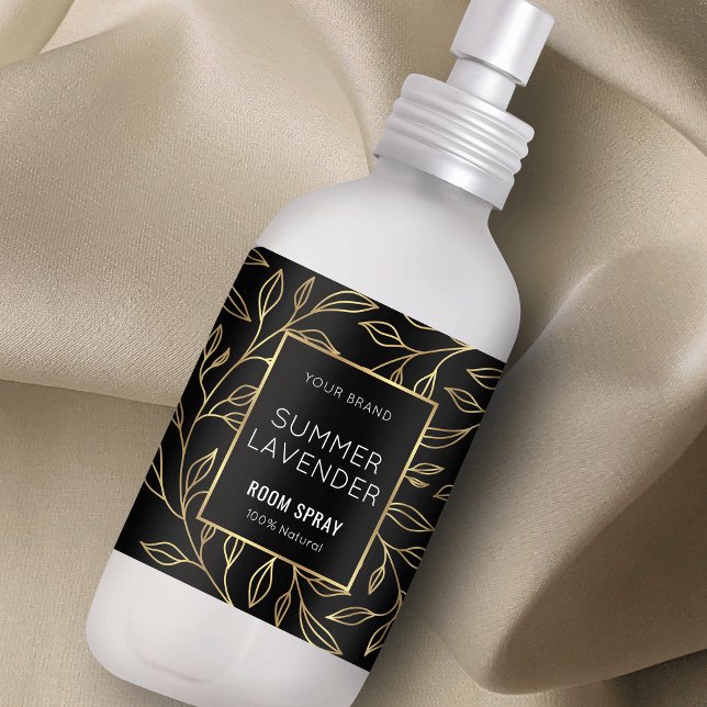 Modern Black & Gold Floral Room Spray Bottle Label (elegant black and gold floral design air freshener bottle label template)