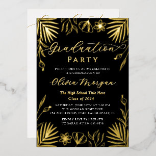 Modern Black Gold Floral Script Graduation Photo F