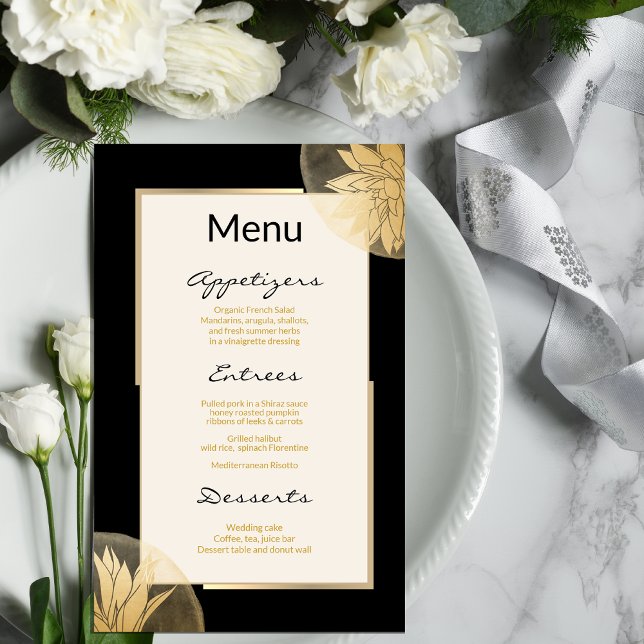 Modern Black Gold Floral Wedding Menu  (Creator Uploaded)