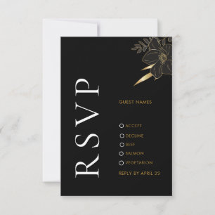Modern Black Gold Floral Wedding RSVP Photo Card