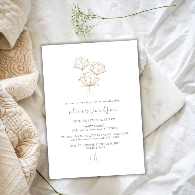 Modern Black Gold Flower Christening Girl Baptism  Invitation (Modern Black Gold Flower Christening Girl Baptism Invitation)