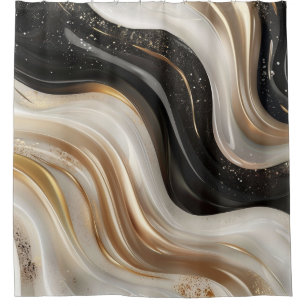 Modern Black Gold Fluid Swirl Marble Abstract Shower Curtain