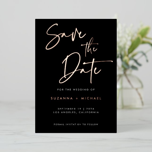 Modern Black Gold Foil Calligraphy Script Wedding (Standing Front)