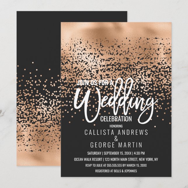 Modern Black Gold Foil Confetti Ombre Wedding Invitation (Front/Back)