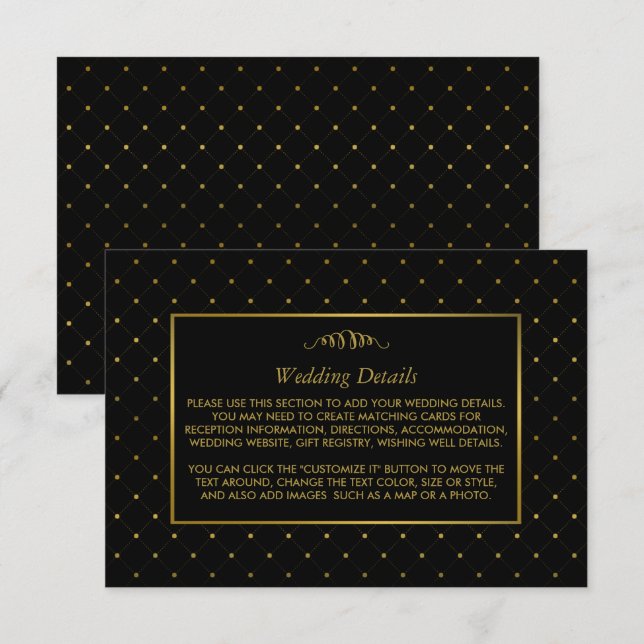 Modern Black & Gold Foil Effect Wedding Details Enclosure Card (Front/Back)