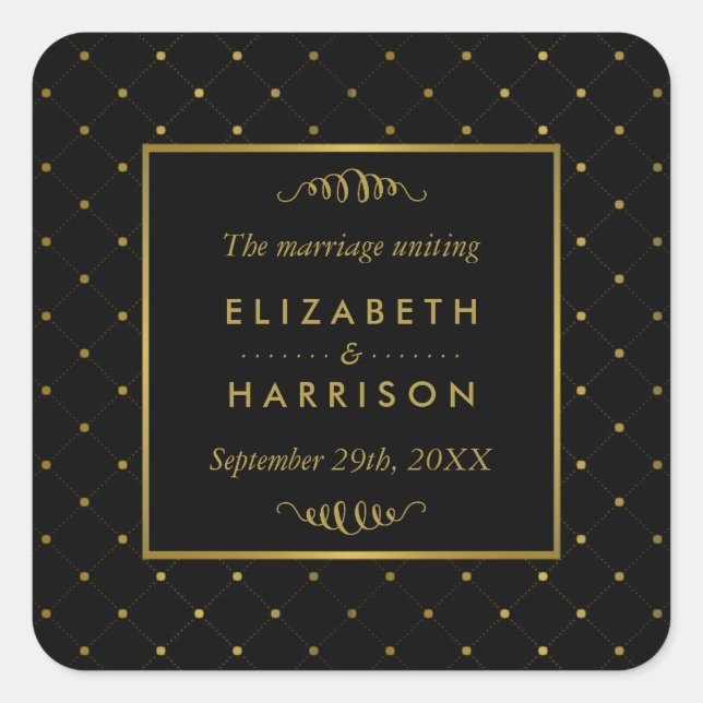 Modern Black & Gold Foil Effect Wedding Favour Square Sticker (Front)