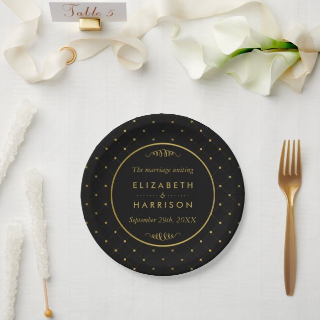 Modern Black & Gold Foil Effect Wedding Paper Plate (Wedding)